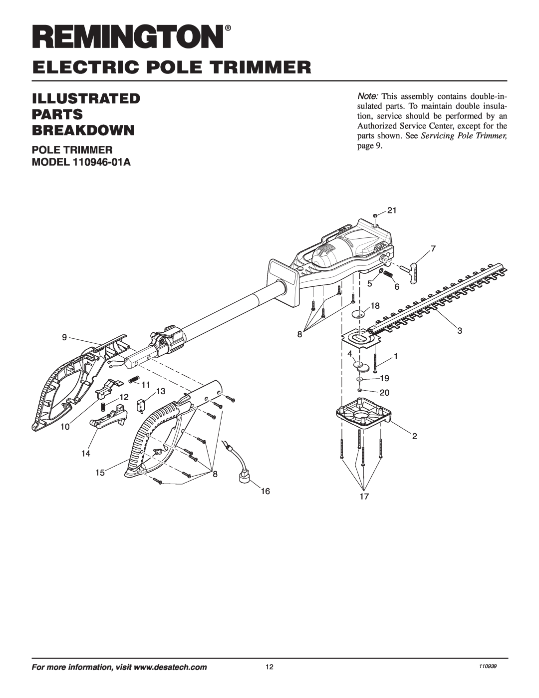 Desa owner manual Illustrated Parts Breakdown, POLE TRIMMER MODEL 110946-01A, Electric Pole Trimmer, 110939 