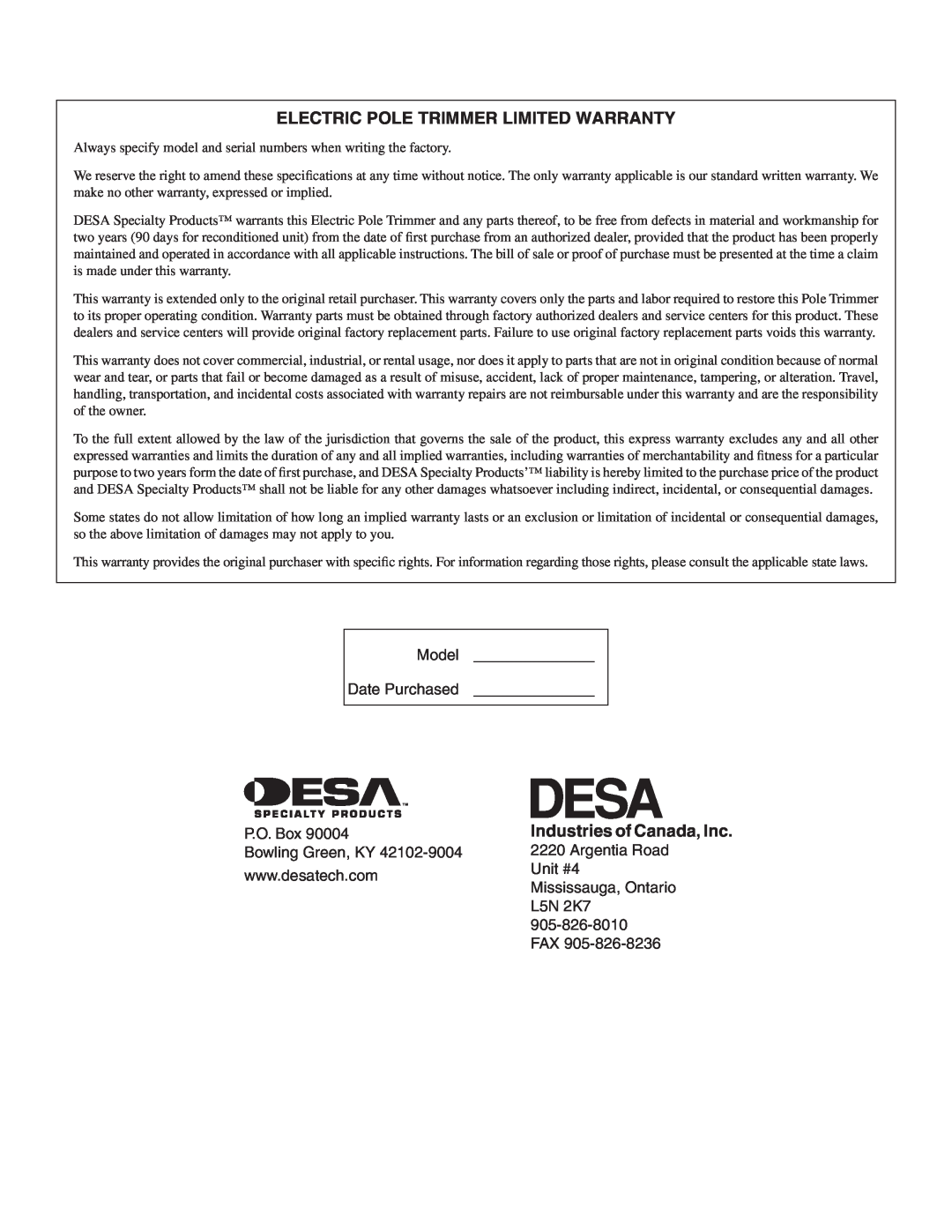Desa 110946-01A owner manual Electric Pole Trimmer Limited Warranty, Industries of Canada, Inc 
