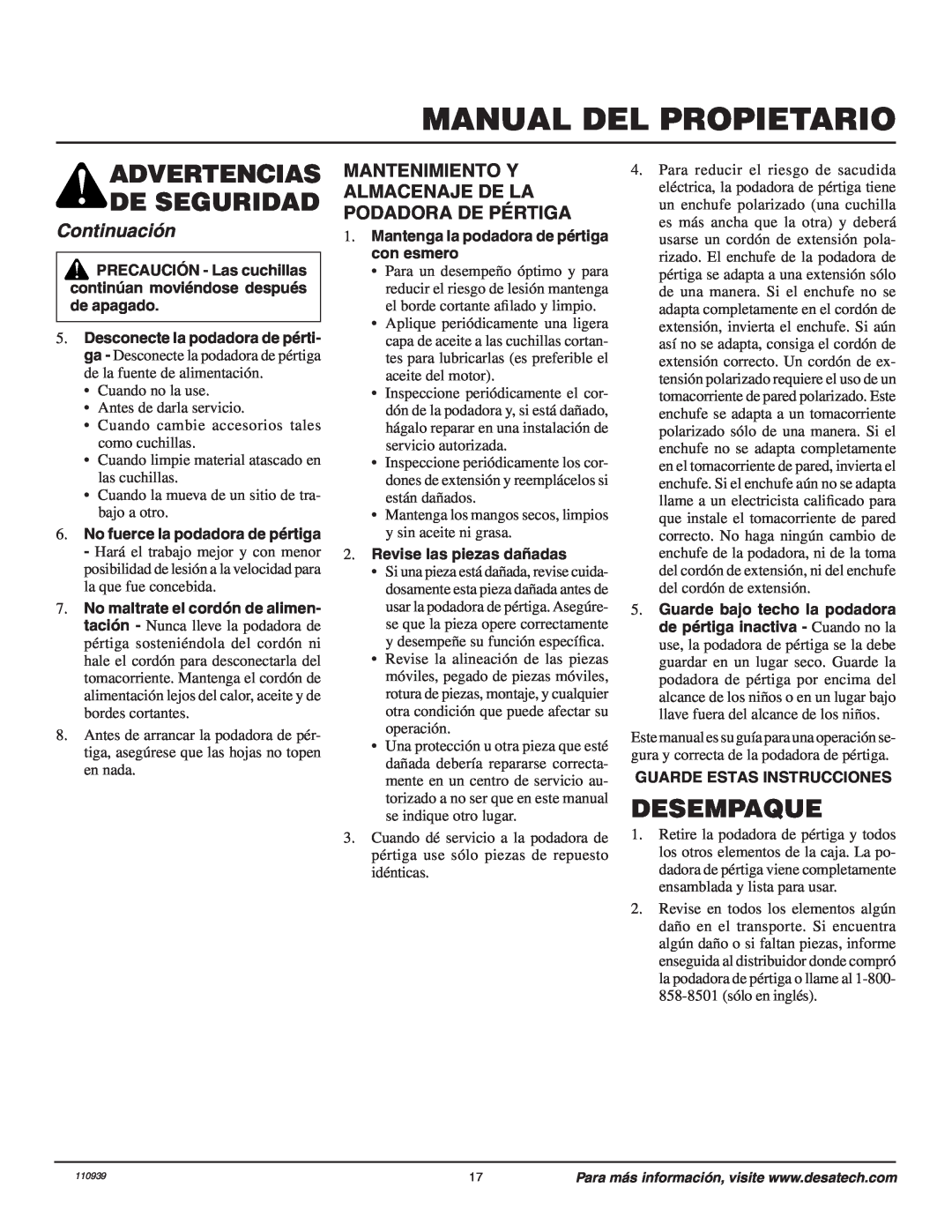Desa 110946-01A Manual Del Propietario, Desempaque, Continuación, Mantenimiento Y Almacenaje De La Podadora De Pértiga 