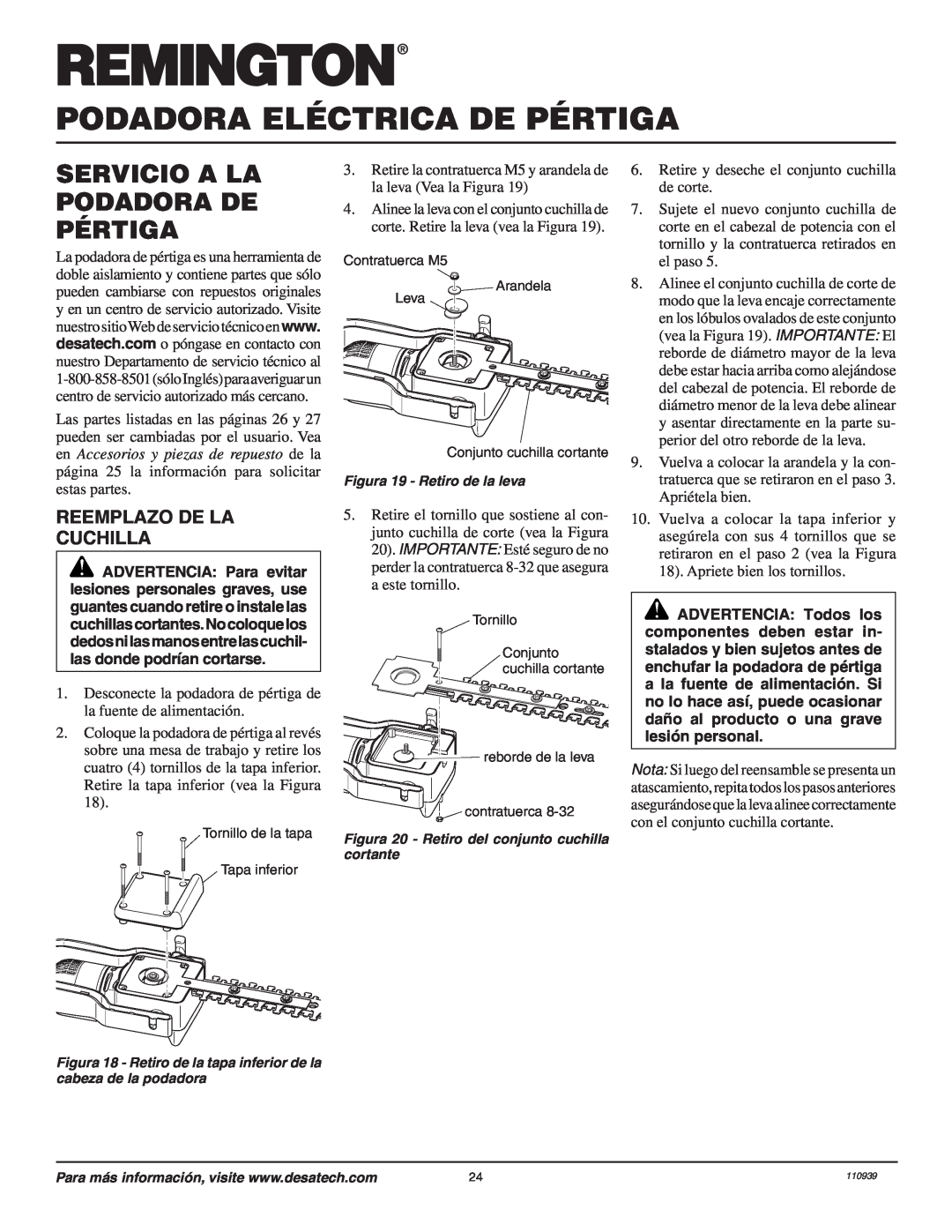 Desa 110946-01A owner manual Servicio A La Podadora De Pértiga, Reemplazo De La Cuchilla, Podadora Eléctrica De Pértiga 