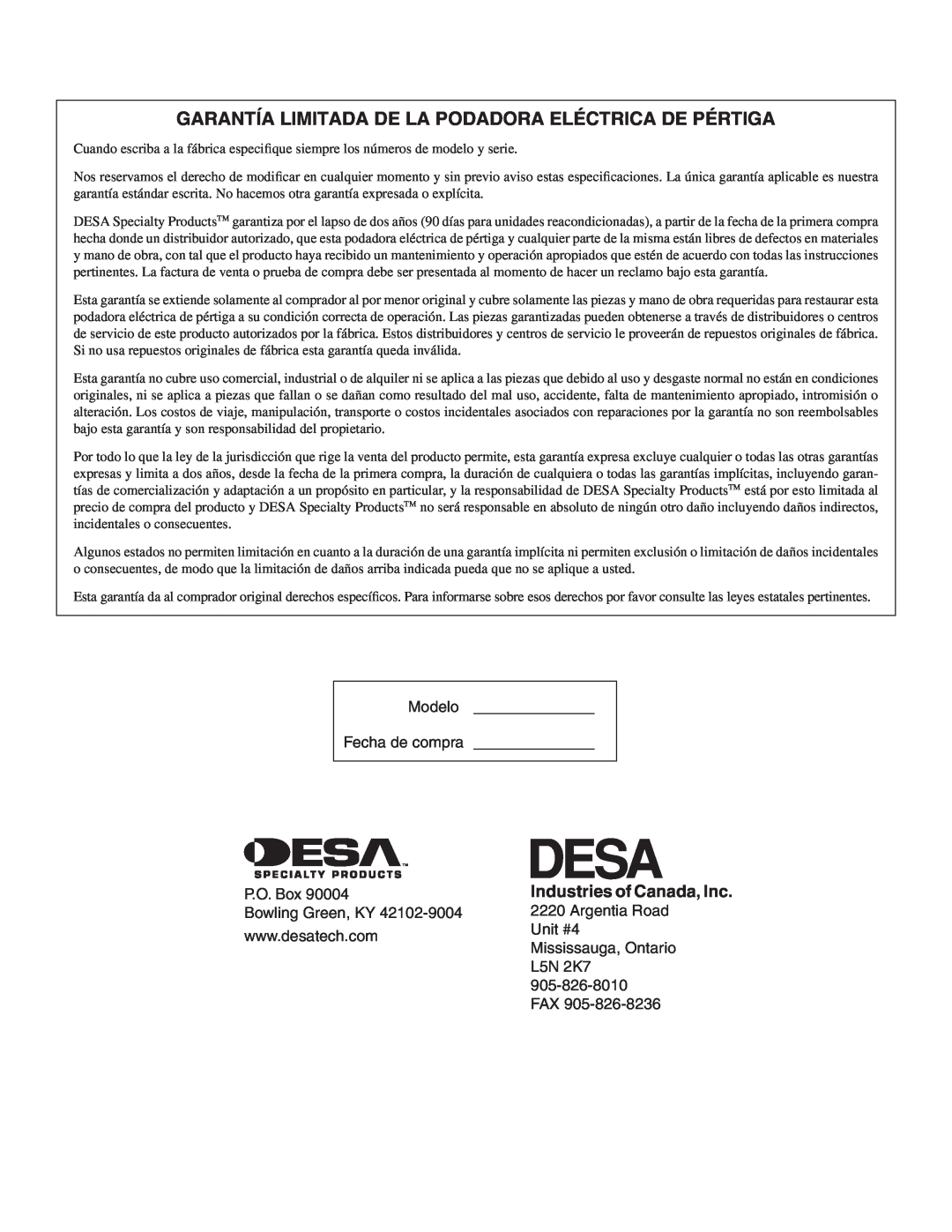 Desa 110946-01A owner manual Garantía Limitada De La Podadora Eléctrica De Pértiga, Industries of Canada, Inc 