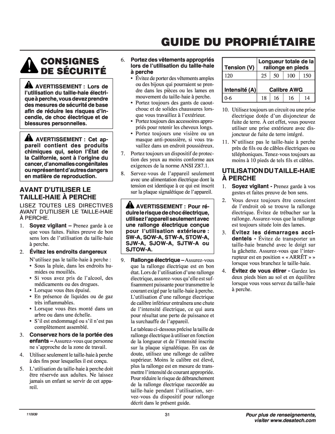 Desa 110946-01A Guide Du Propriétaire, Consignes De Sécurité, Avant D’Utiliser Le Taille-Haie À Perche, Tension 