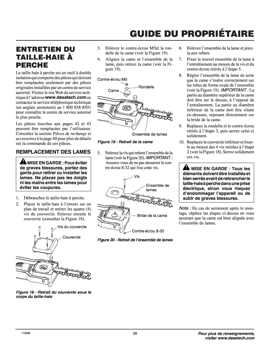 Desa 110946-01A owner manual Entretien Du Taille-Haie À Perche, Remplacement Des Lames, Guide Du Propriétaire 