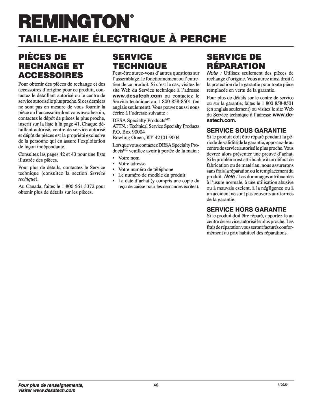 Desa 110946-01A Pièces De Rechange Et Accessoires, Service Technique, Service De Réparation, Service Sous Garantie 