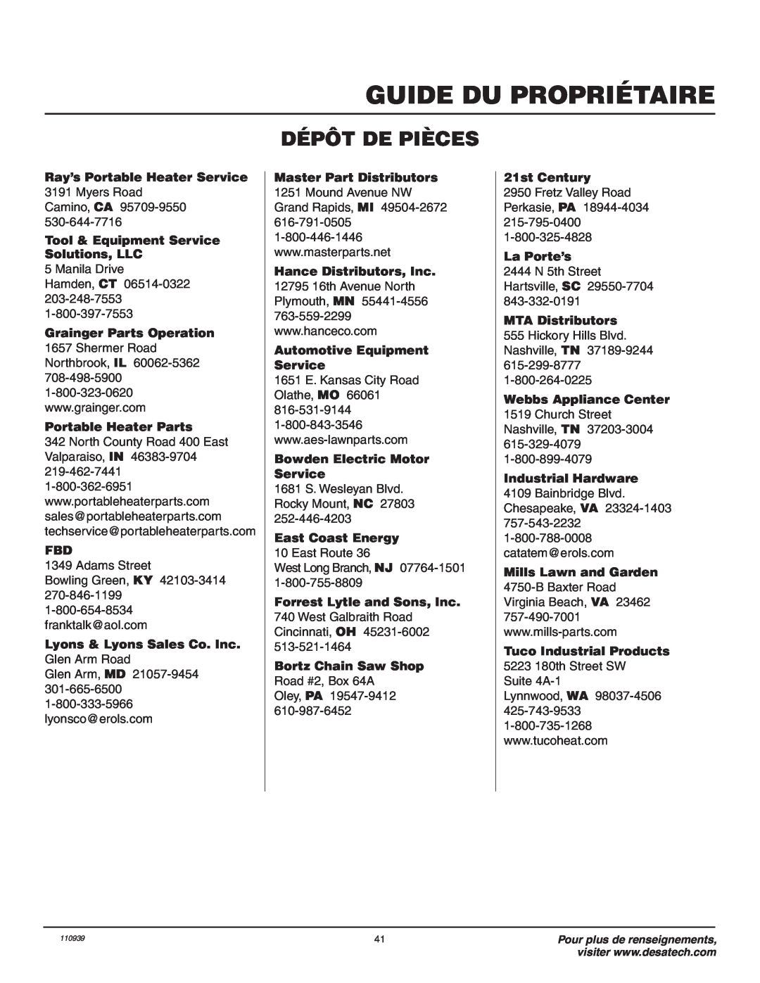 Desa 110946-01A Dépôt De Pièces, Guide Du Propriétaire, Ray’s Portable Heater Service, Portable Heater Parts, 21st Century 
