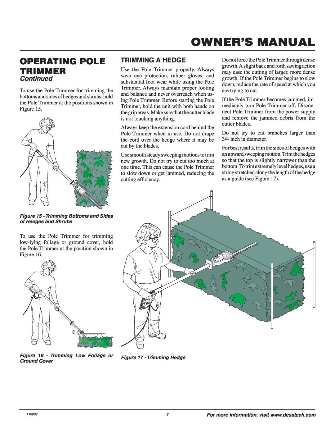Desa 110946-01A owner manual Trimming A Hedge, Operating Pole Trimmer, Continued 