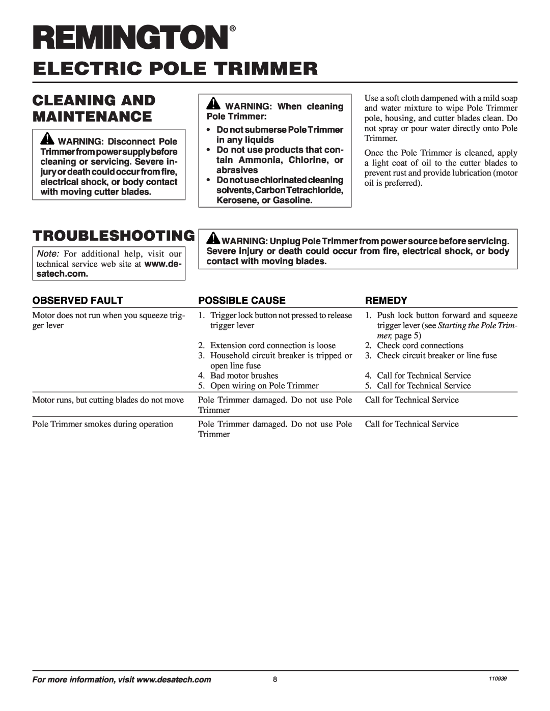 Desa 110946-01A Cleaning And Maintenance, Troubleshooting, Observed Fault, Possible Cause, Remedy, Electric Pole Trimmer 