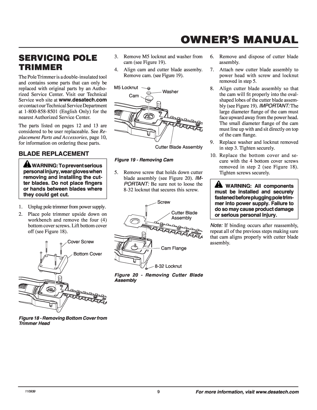 Desa 110946-01A owner manual Servicing Pole Trimmer, Blade Replacement, Owner’S Manual 