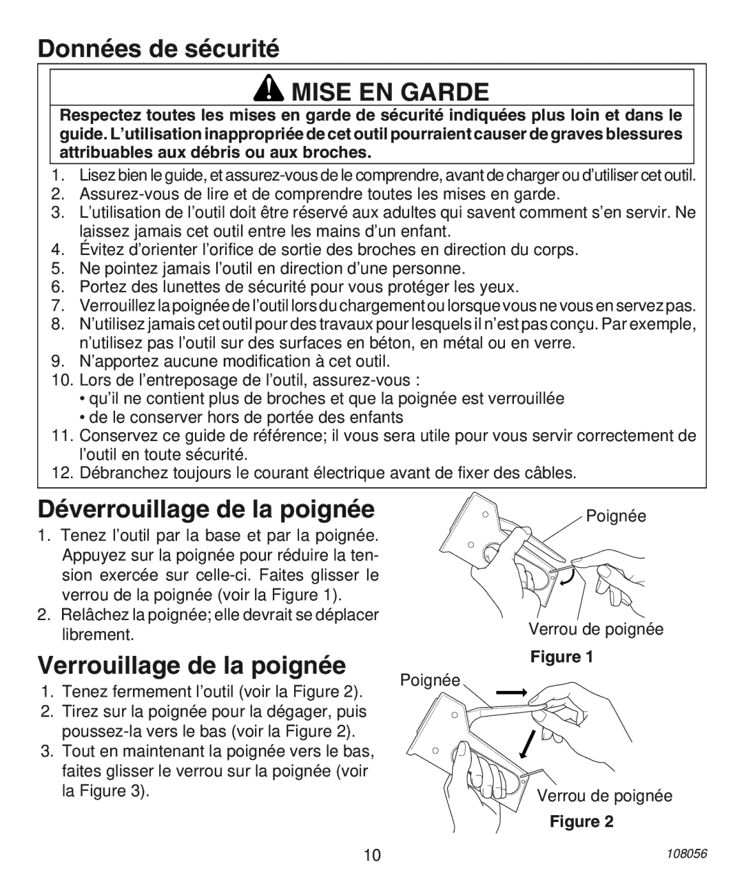 Desa 12-14NM Données de sécurité, Mise EN Garde, Déverrouillage de la poignée, Verrouillage de la poignée 