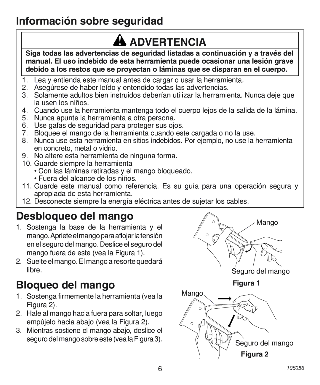 Desa 12-14NM operating instructions Información sobre seguridad, Advertencia, Desbloqueo del mango, Bloqueo del mango 