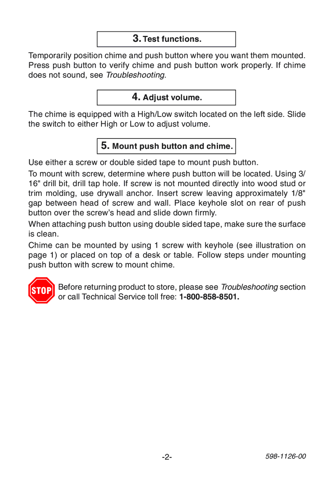 Desa 1204 manual Test functions, Adjust volume, Mount push button and chime 