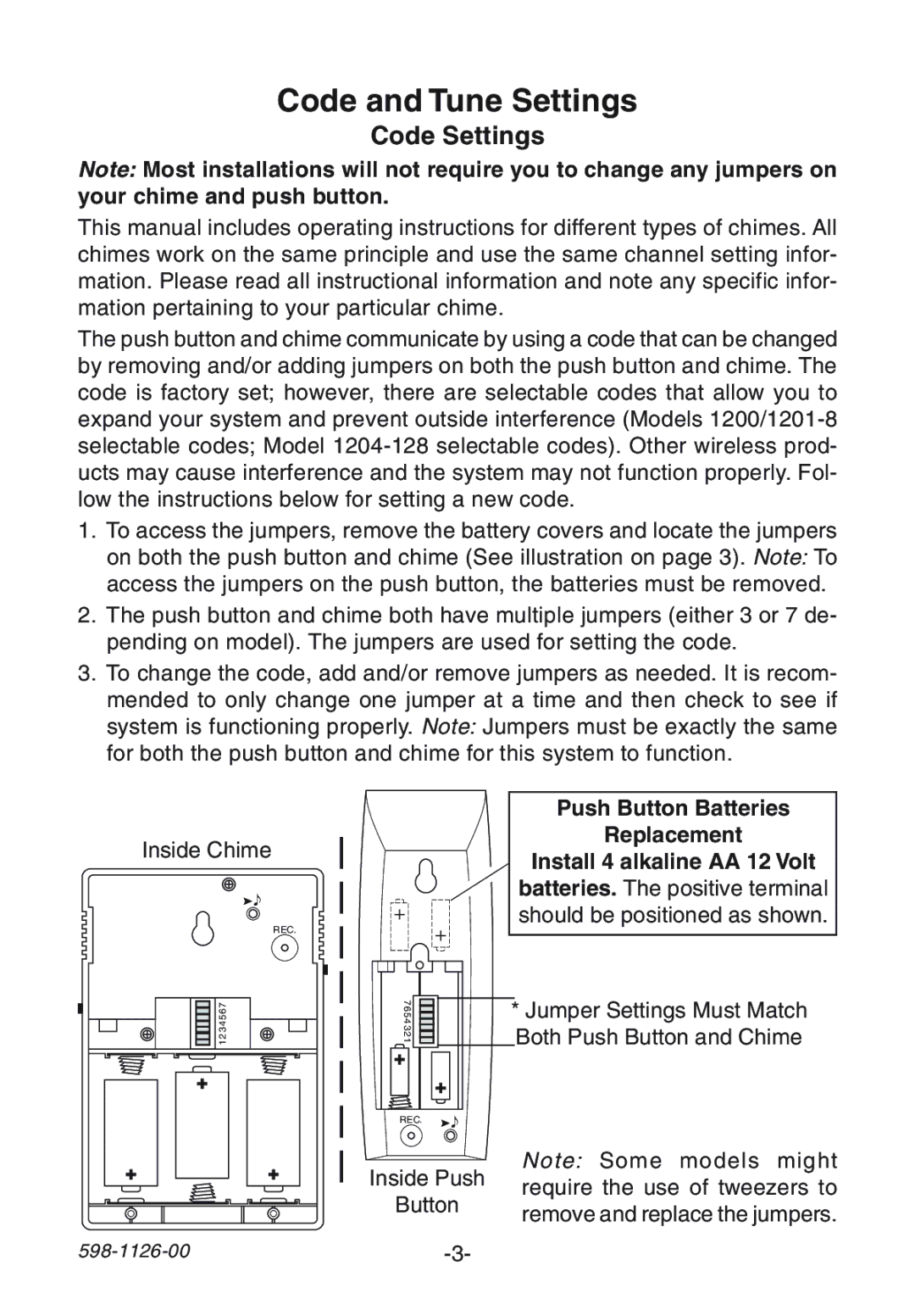 Desa 1204 manual Code and Tune Settings, Code Settings 