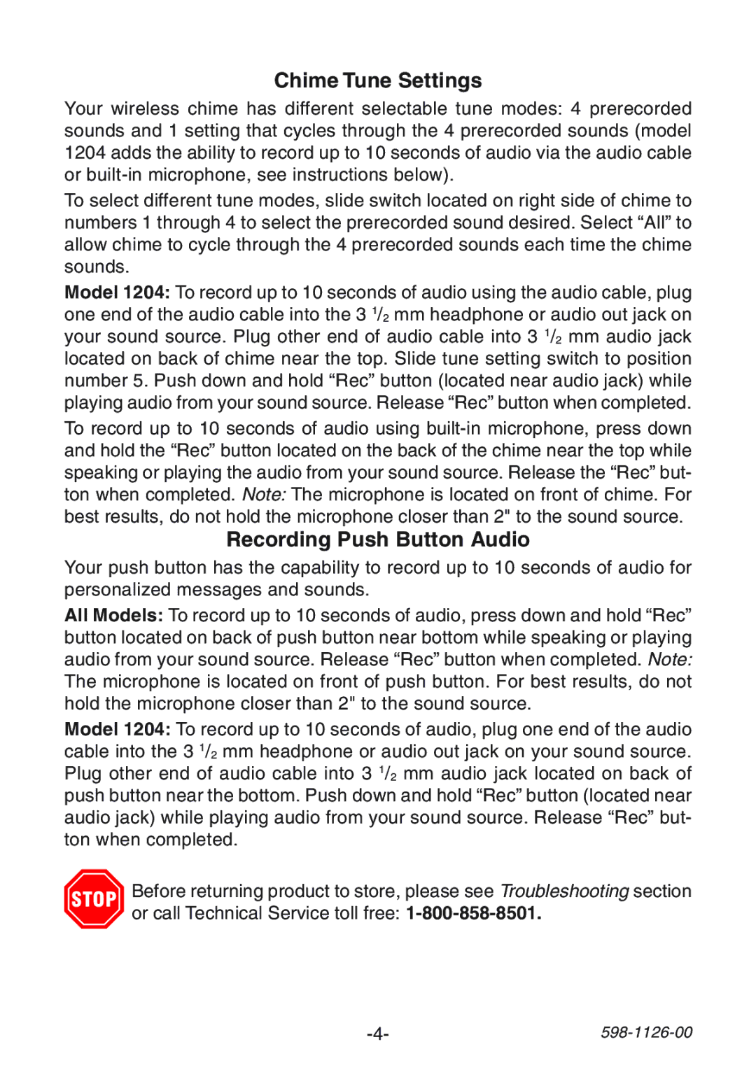 Desa 1204 manual Chime Tune Settings, Recording Push Button Audio 