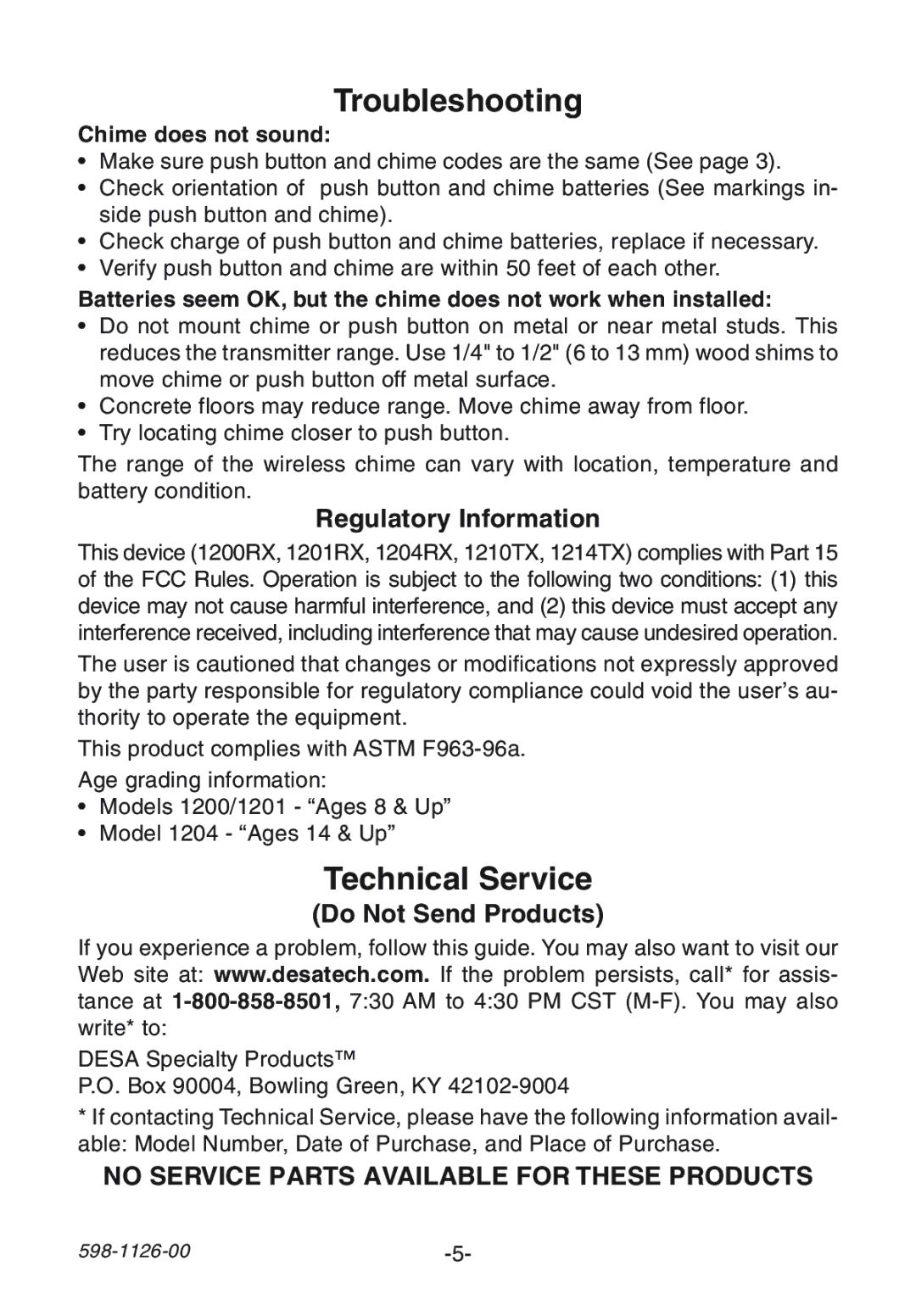 Desa 1204 manual Troubleshooting, Technical Service, Regulatory Information, Do Not Send Products, Chime does not sound 