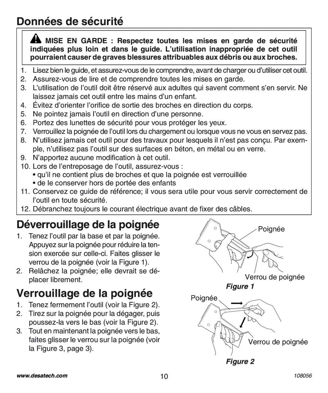 Desa 1214NM operating instructions Données de sécurité, Déverrouillage de la poignée, Verrouillage de la poignée 