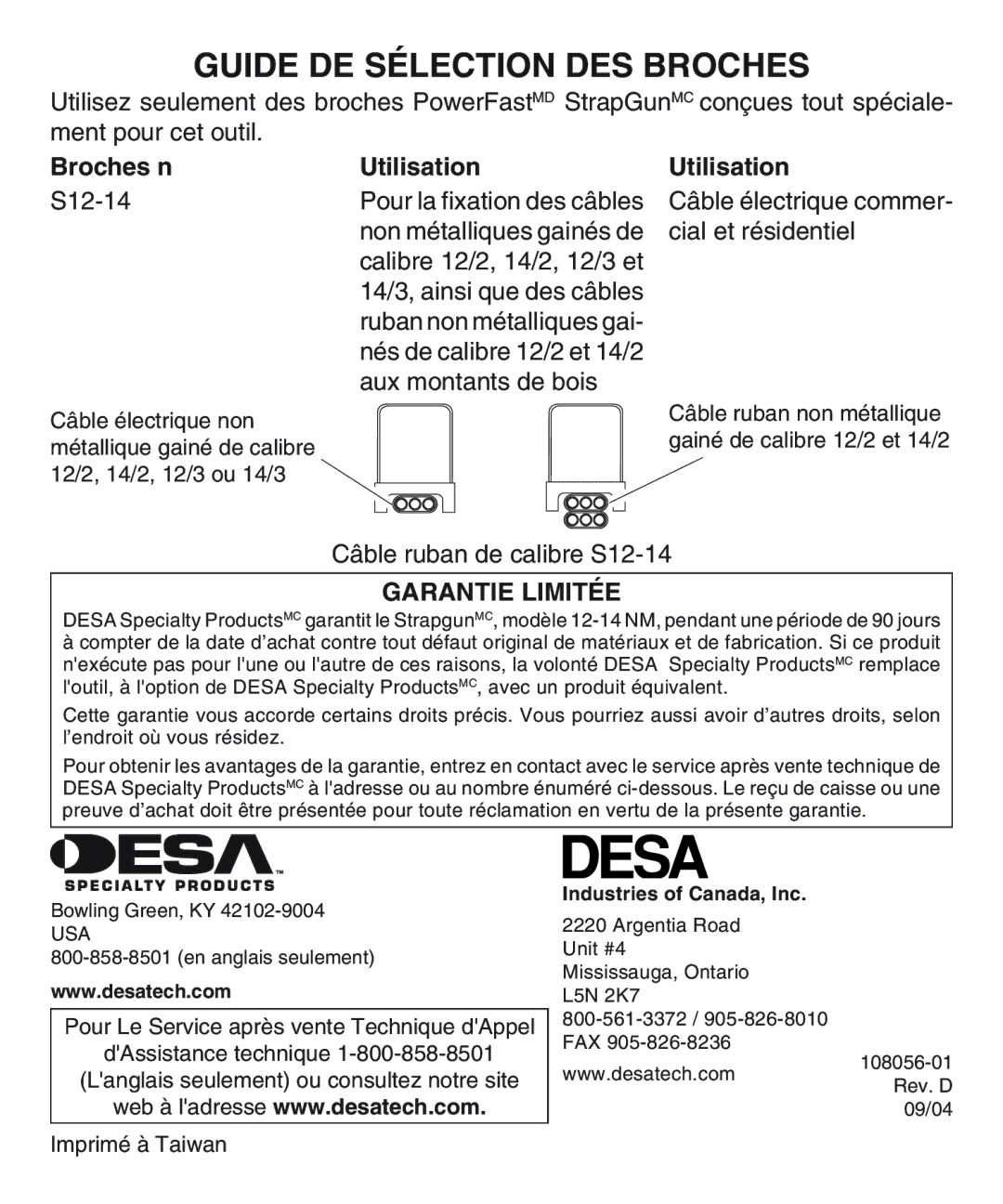 Desa 1214NM operating instructions Guide DE Sélection DES Broches, Broches n, Utilisation, Garantie Limitée 