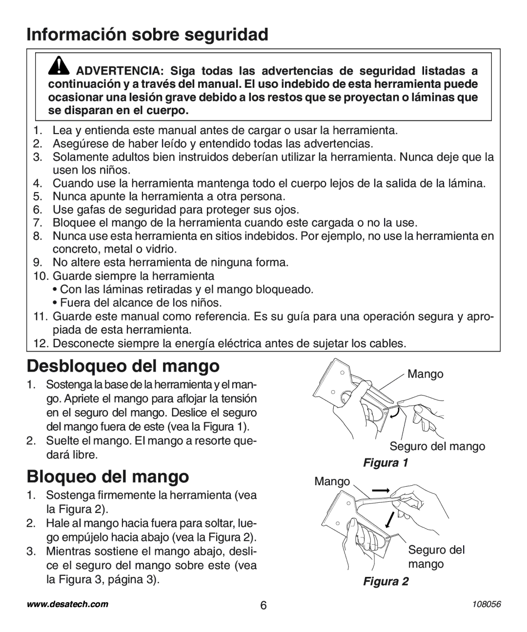 Desa 1214NM operating instructions Información sobre seguridad, Desbloqueo del mango, Bloqueo del mango 