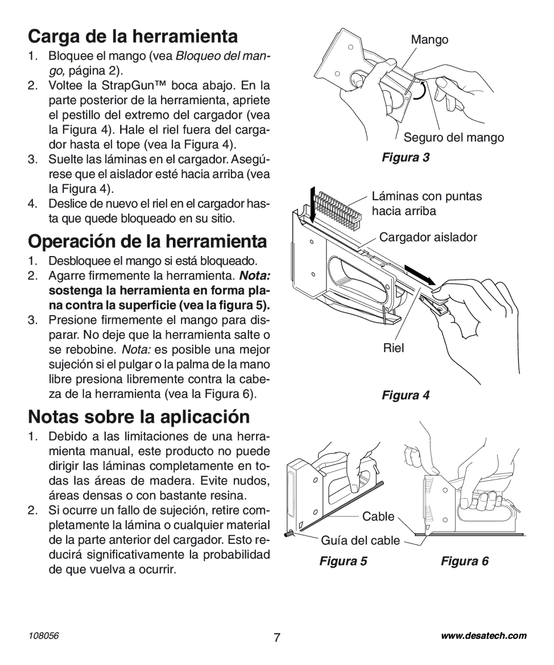 Desa 1214NM operating instructions Carga de la herramienta, Operación de la herramienta, Notas sobre la aplicación 