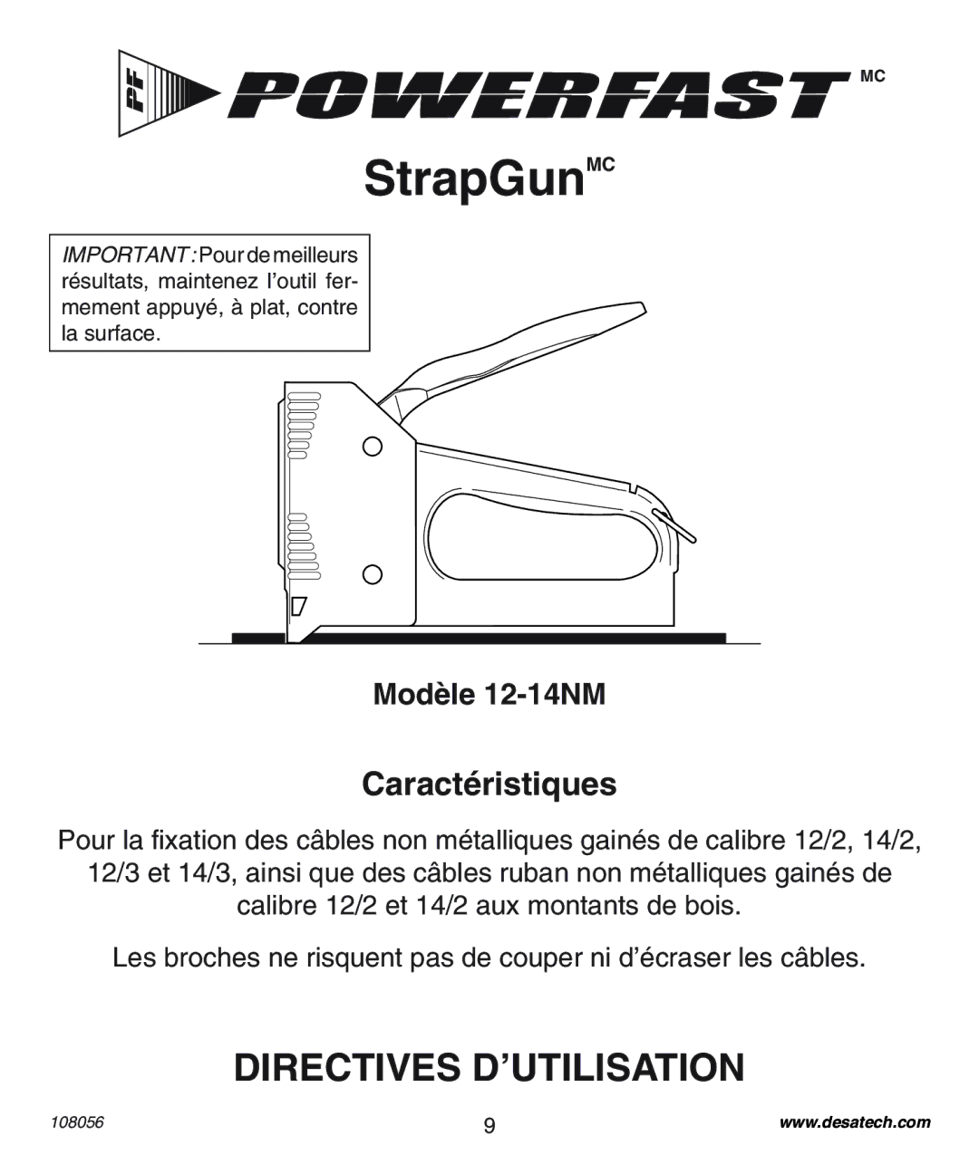 Desa 1214NM operating instructions Directives D’UTILISATION, Caractéristiques 