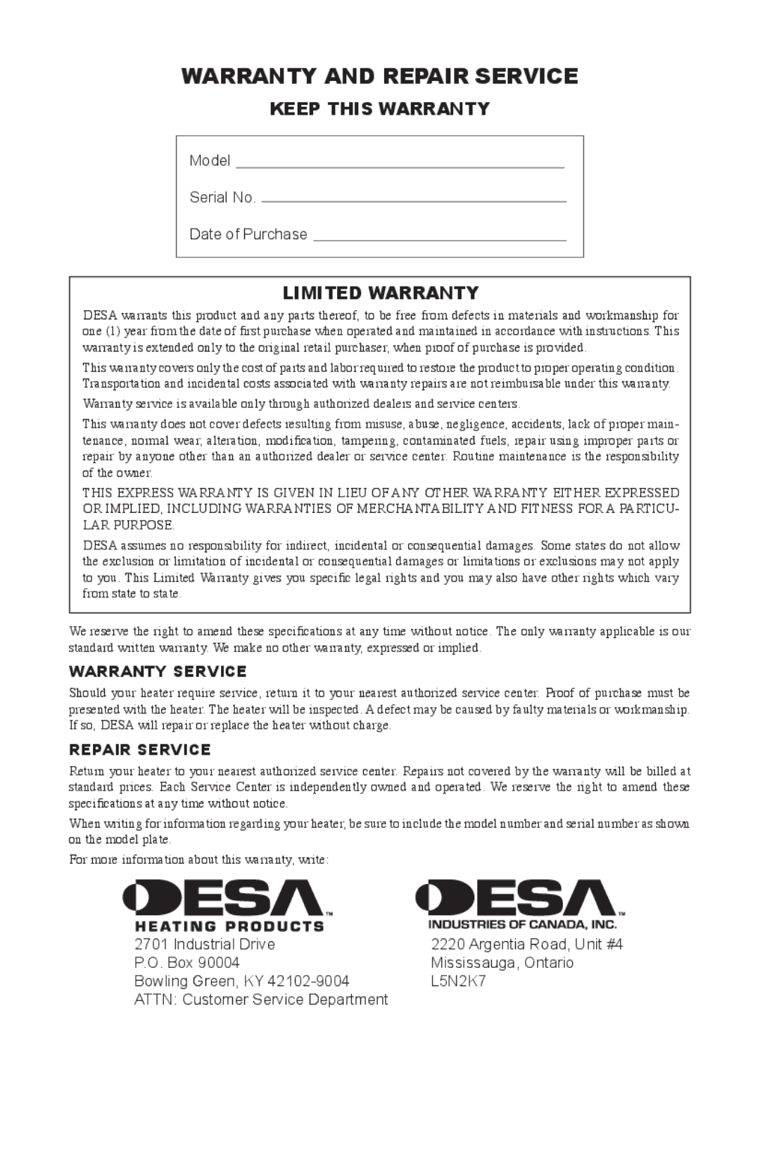 Desa 125-R owner manual Warranty and Repair Service, Keep this Warranty, Limited Warranty 