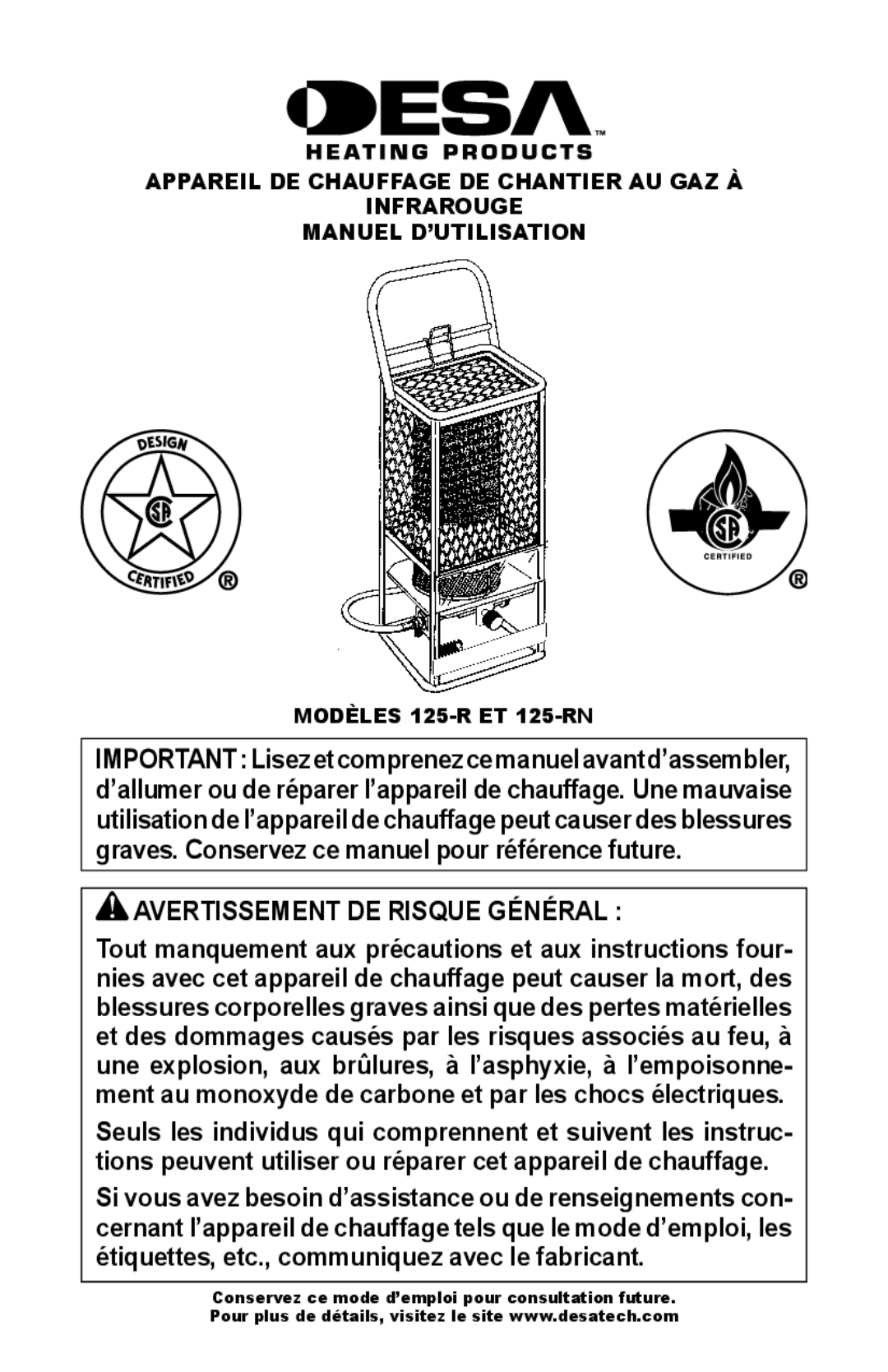 Desa owner manual Avertissement DE Risque Général, Modèles 125-R ET 125-RN 