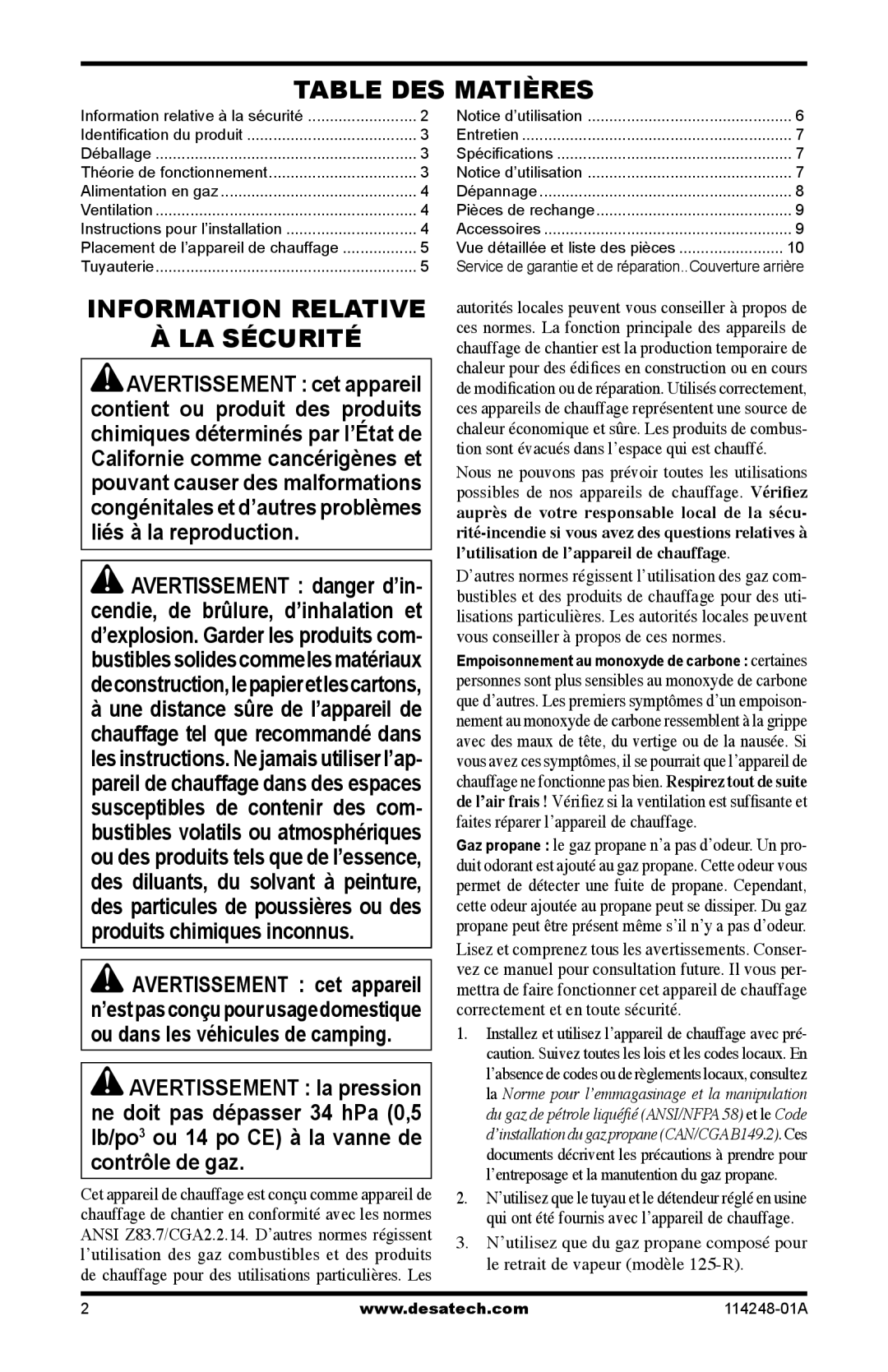 Desa 125-R owner manual Table DES Matières, Information Relative LA Sécurité 