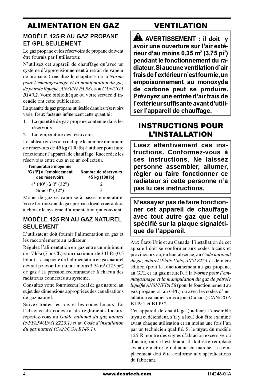 Desa Alimentation EN GAZ, Ventilation, Instructions Pour ’INSTALLATION, Modèle 125-R AU GAZ Propane ET GPL Seulement 