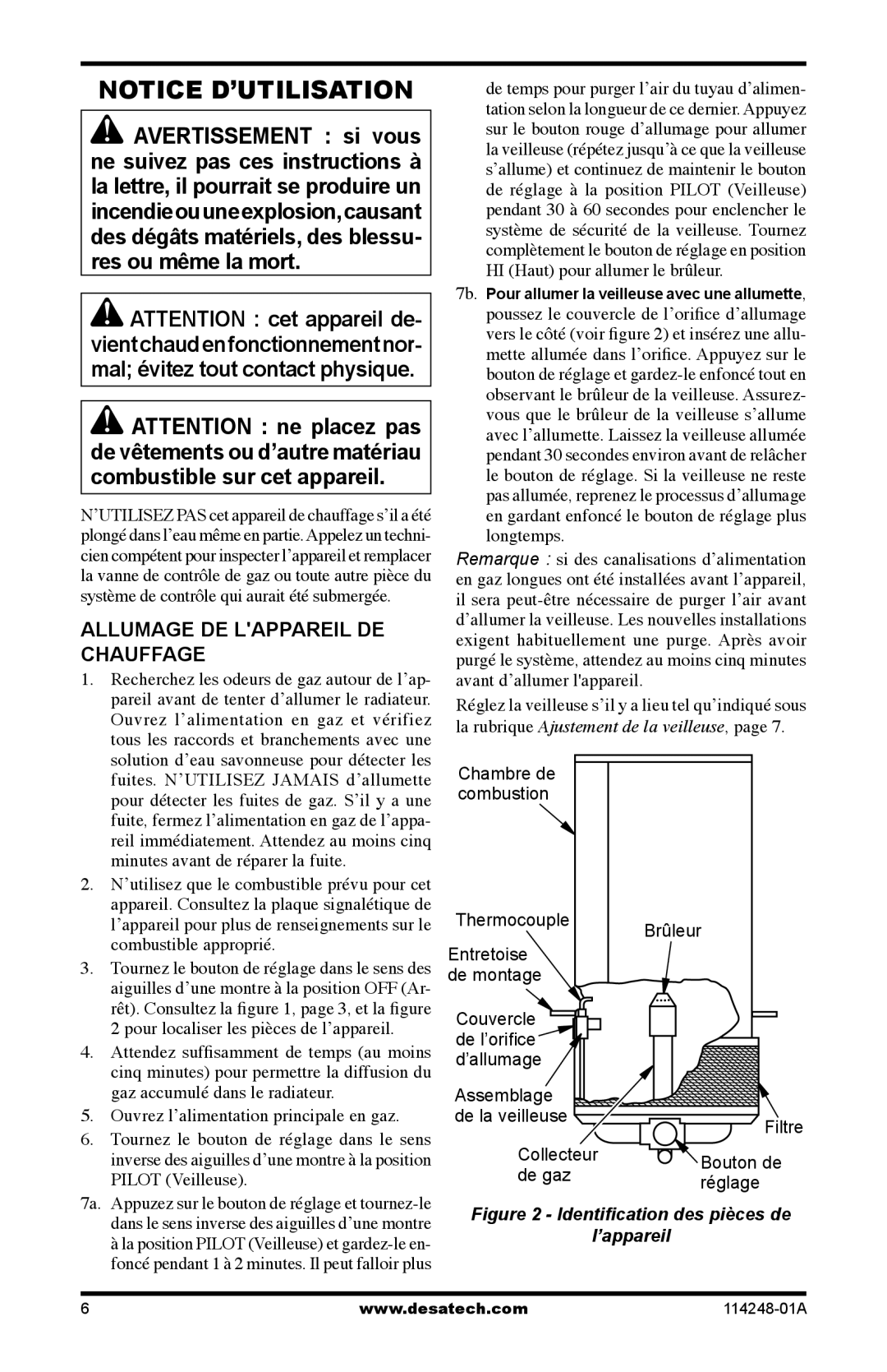 Desa 125-R owner manual Allumage DE Lappareil DE Chauffage, Identiﬁcation des pièces de 