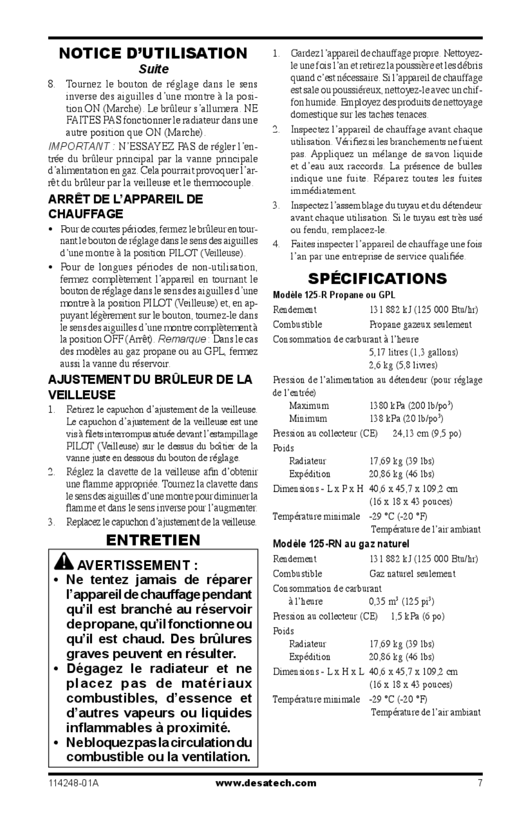 Desa 125-R owner manual Entretien, Spécifications, Arrêt DE L’APPAREIL DE Chauffage, Ajustement DU Brûleur DE LA Veilleuse 