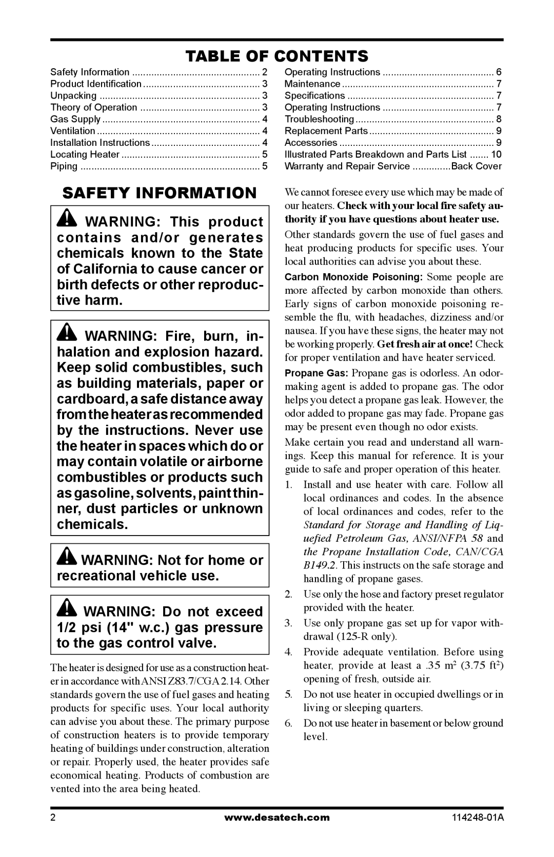 Desa 125-R owner manual Table of Contents, Safety Information 