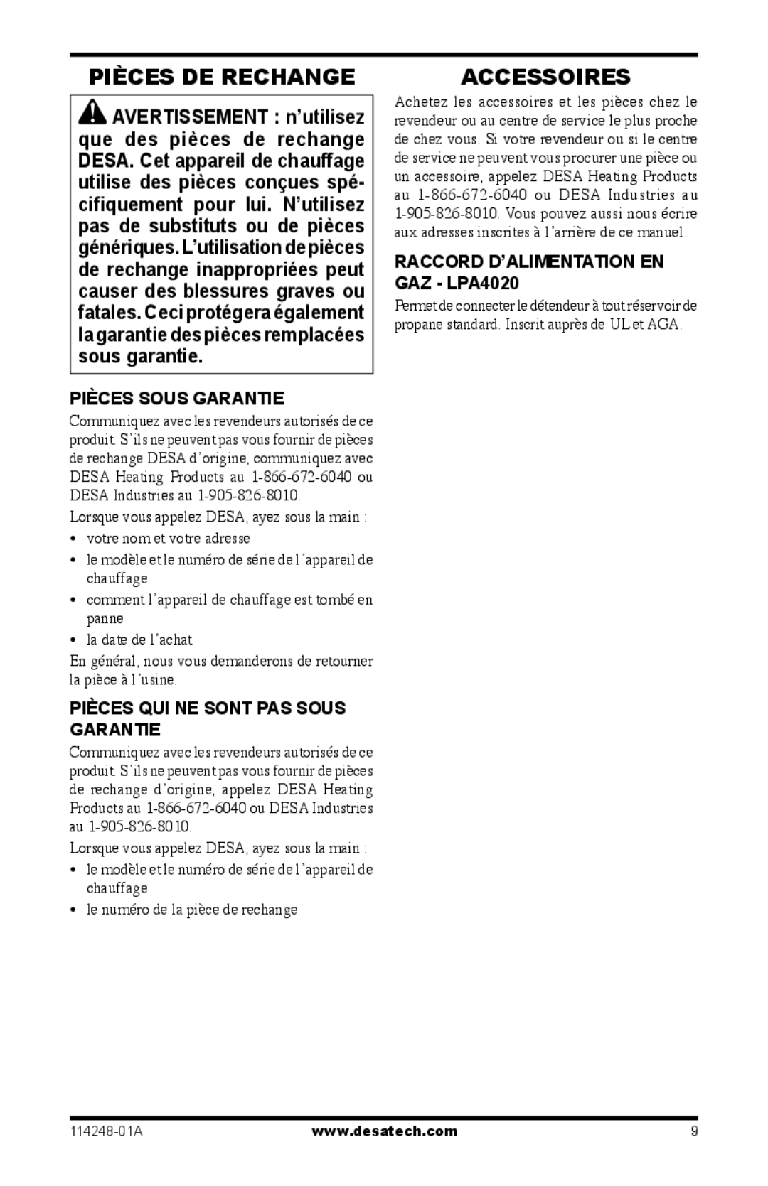 Desa 125-R owner manual Pièces DE Rechange, Accessoires, Pièces Sous Garantie, Pièces QUI NE Sont PAS Sous Garantie 