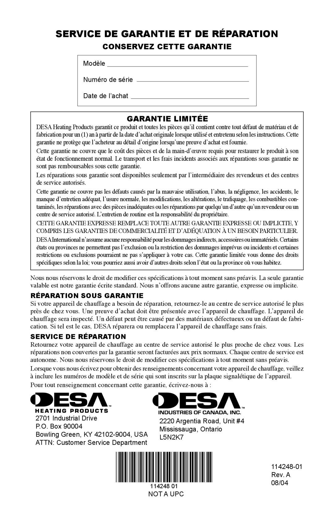 Desa 125-R owner manual Service DE Garantie ET DE Réparation, Conservez Cette Garantie, Garantie Limitée 