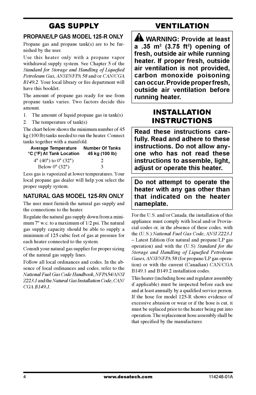 Desa GAS Supply, Ventilation Installation Instructions, PROPANE/LP GAS Model 125-R only, Natural GAS Model 125-RN only 