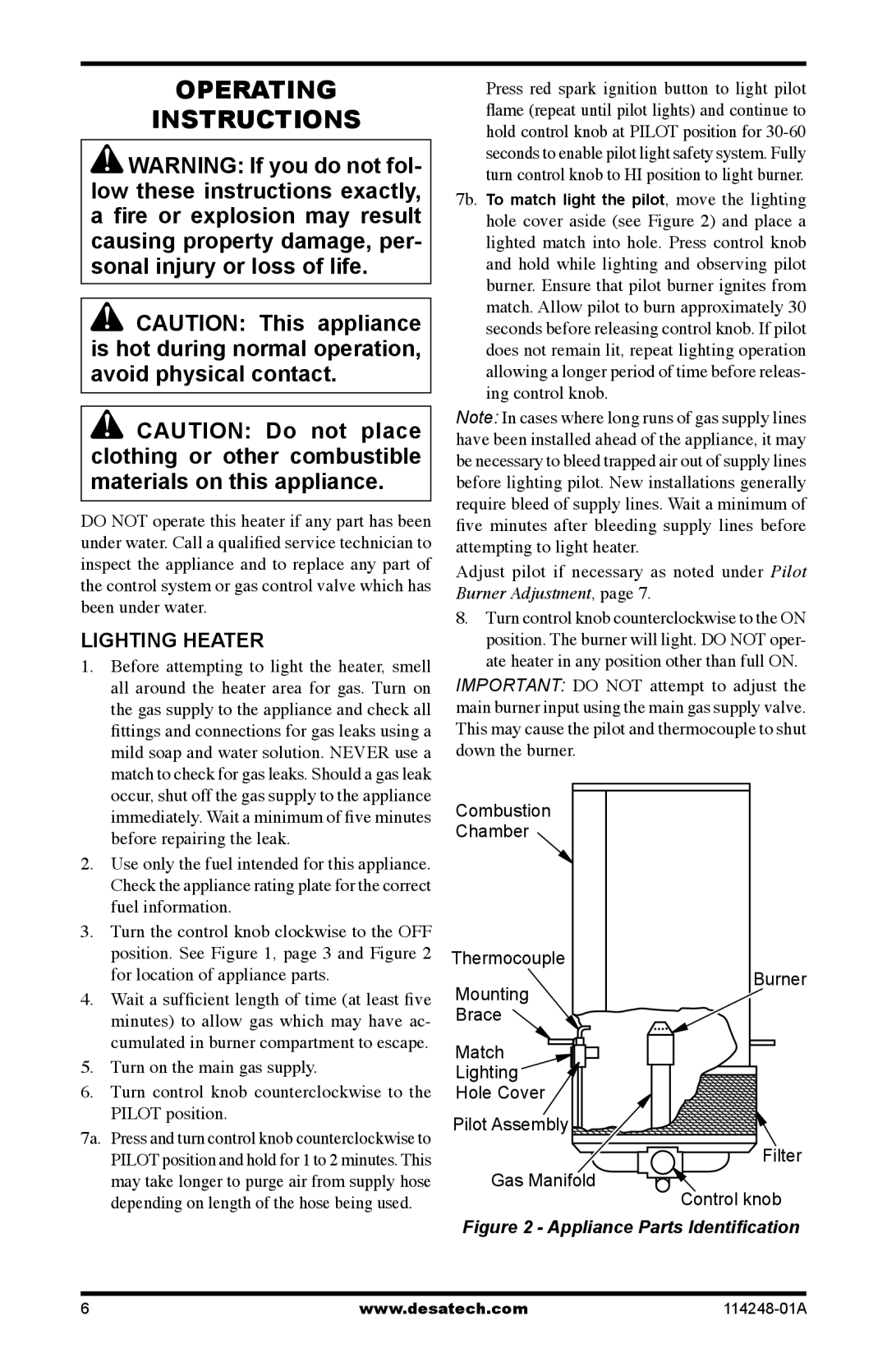 Desa 125-R owner manual Operating Instructions, Lighting Heater 