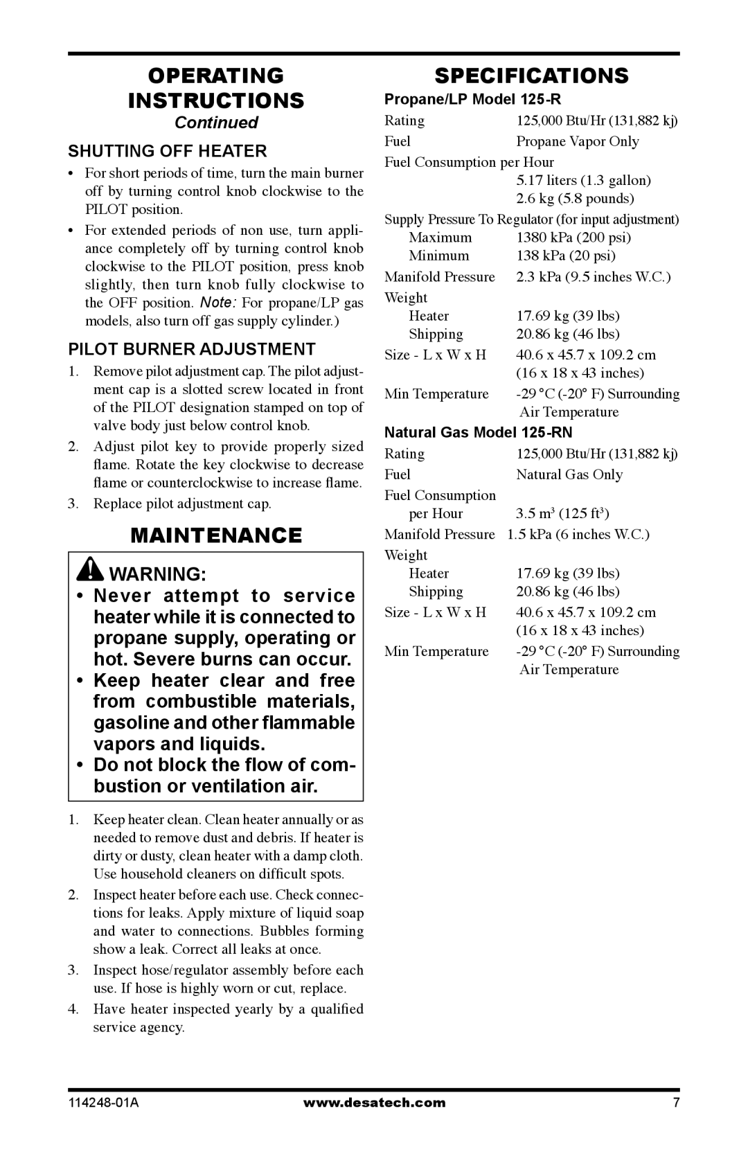 Desa 125-R owner manual Maintenance, Specifications, Shutting OFF Heater, Pilot Burner Adjustment 