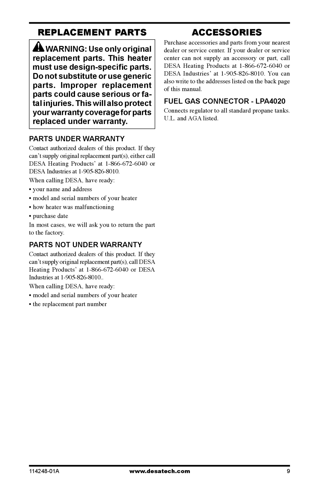 Desa 125-R Replacement Parts, Accessories, Parts Under Warranty, Parts not Under Warranty, Fuel GAS Connector LPA4020 