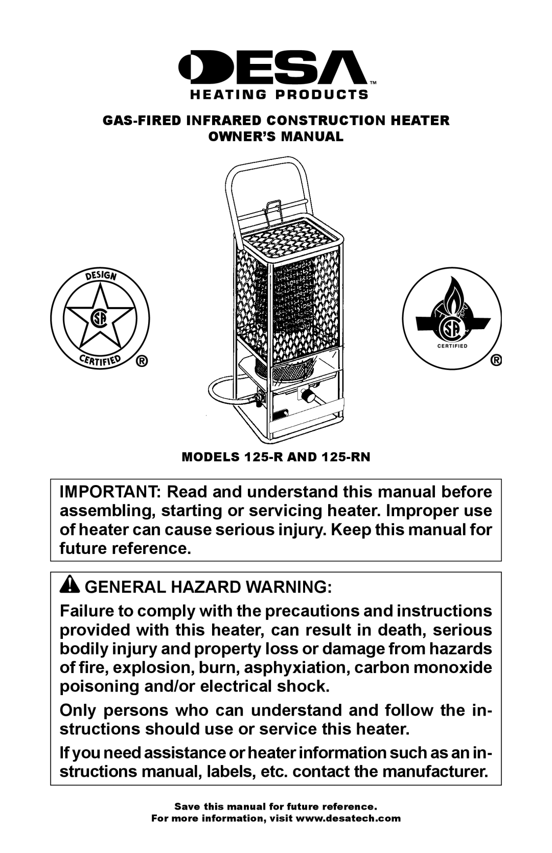 Desa owner manual General Hazard Warning, Models 125-R and 125-RN 