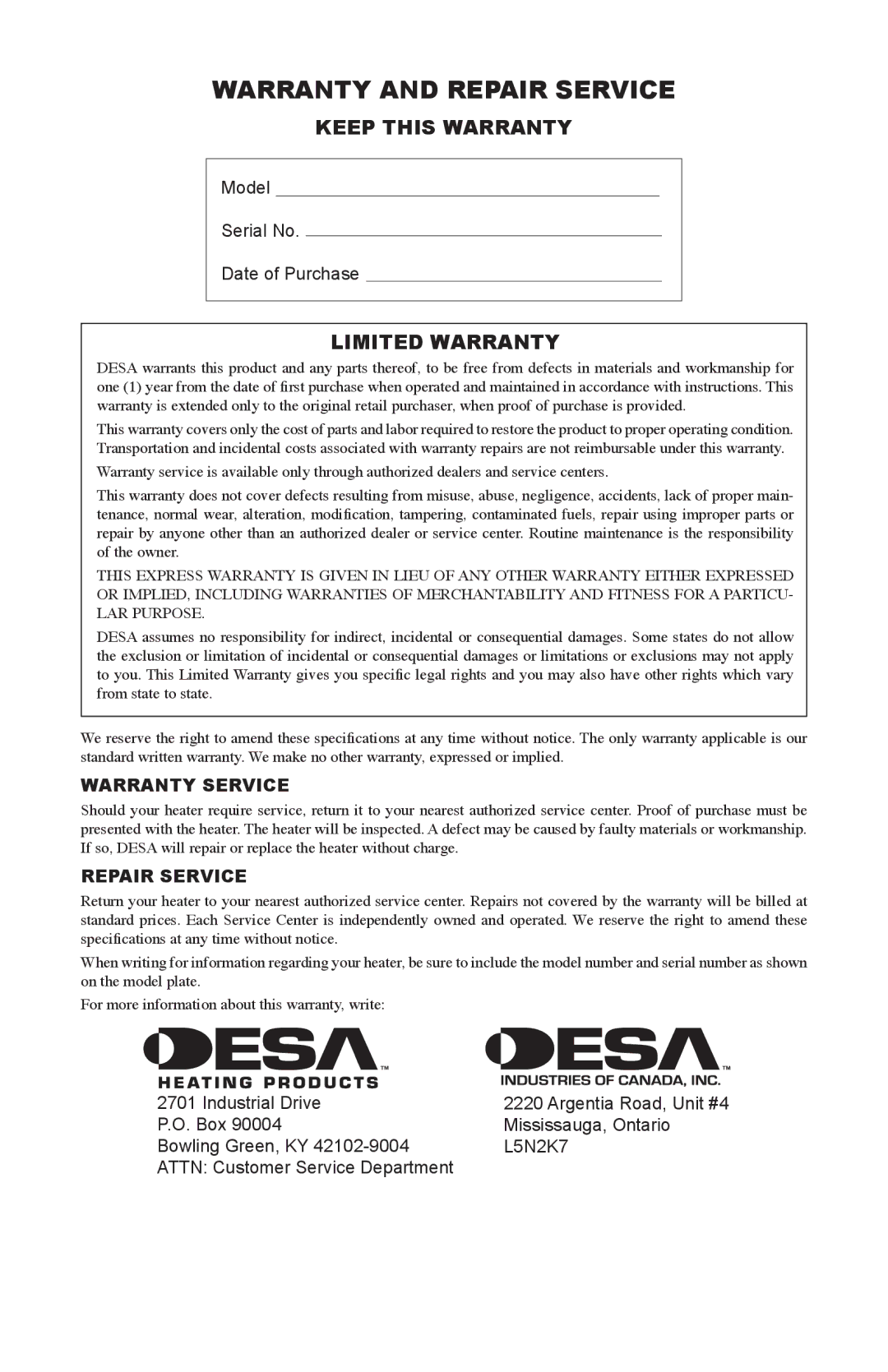 Desa 125-RN owner manual Warranty and Repair Service, Keep this Warranty, Limited Warranty 