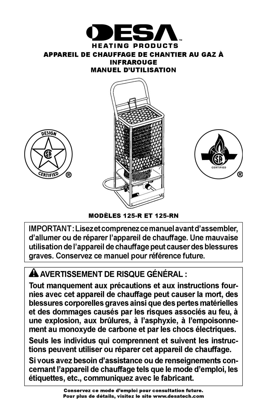 Desa owner manual Avertissement DE Risque Général, Modèles 125-R ET 125-RN 