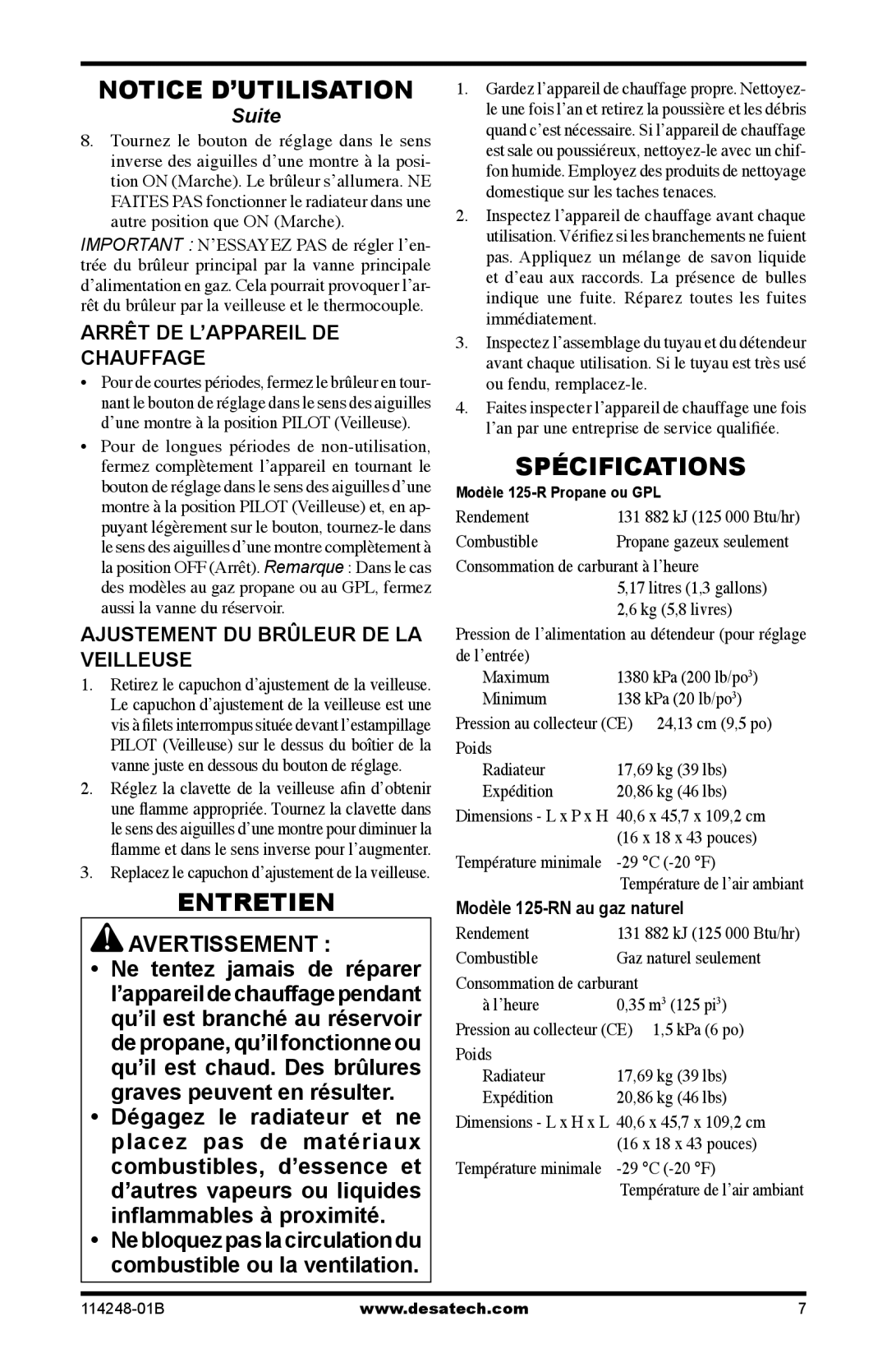 Desa 125-RN owner manual Entretien, Spécifications, Arrêt DE L’APPAREIL DE Chauffage, Ajustement DU Brûleur DE LA Veilleuse 