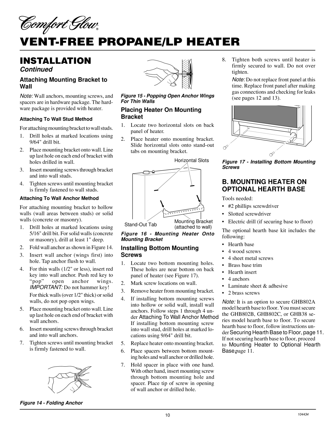 Desa 15 Mounting Heater on Optional Hearth Base, Attaching Mounting Bracket to Wall, Placing Heater On Mounting Bracket 