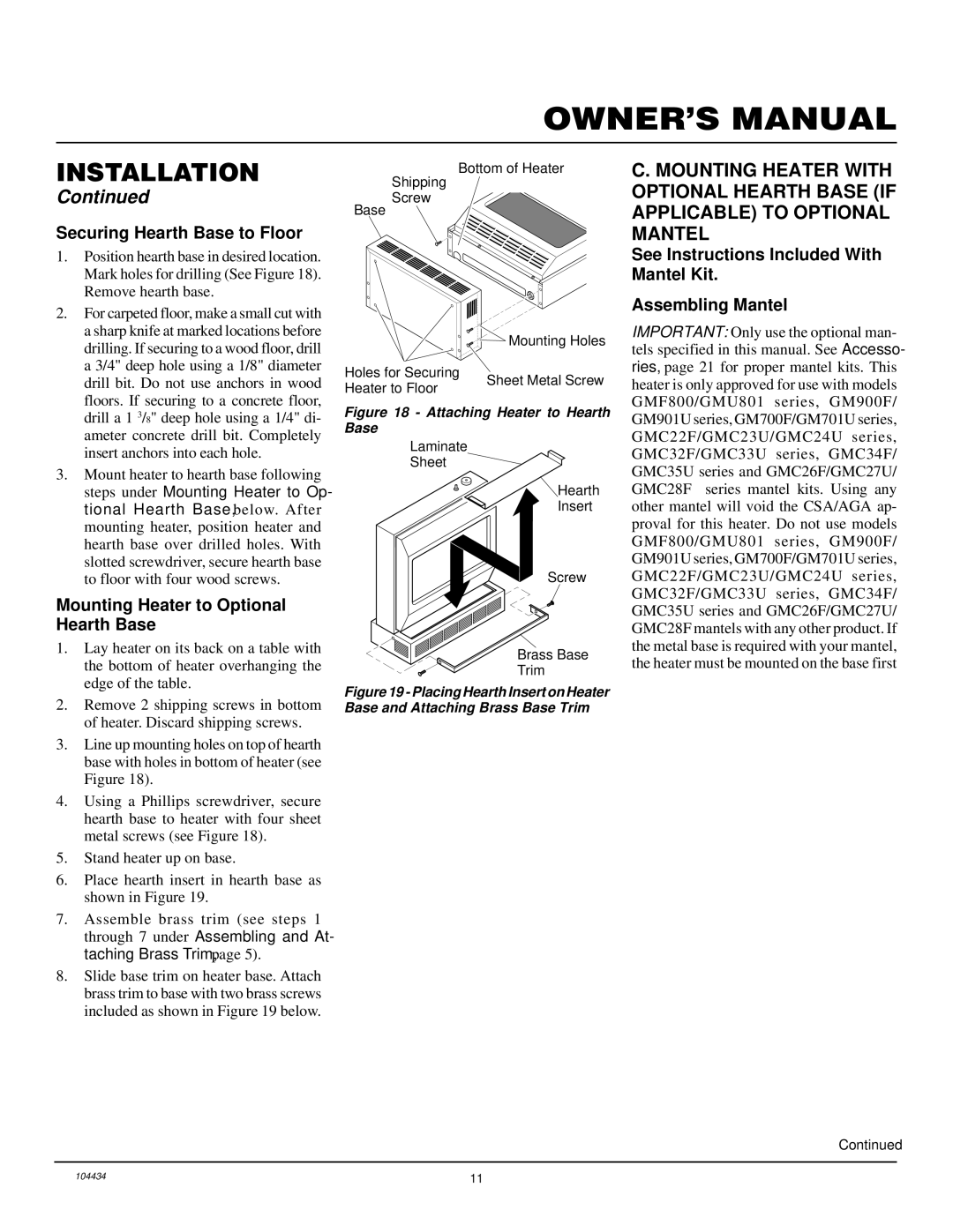 Desa 000 to 30, 15 Securing Hearth Base to Floor, See Instructions Included With Mantel Kit Assembling Mantel 