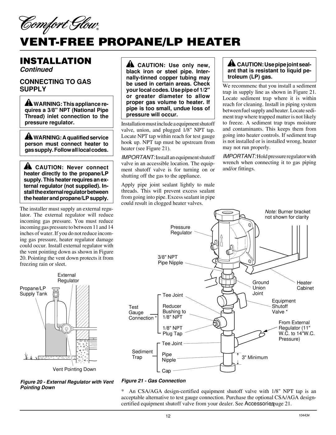 Desa 15, 000 to 30 installation manual Connecting to GAS Supply, External Regulator with Vent Pointing Down 