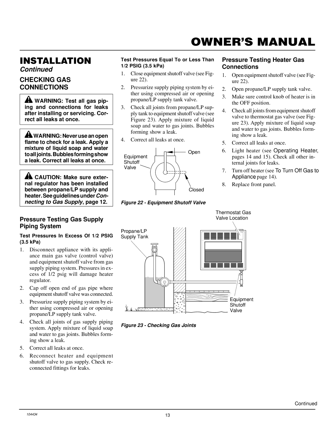 Desa 000 to 30, 15 installation manual Checking GAS Connections, Pressure Testing Heater Gas Connections 