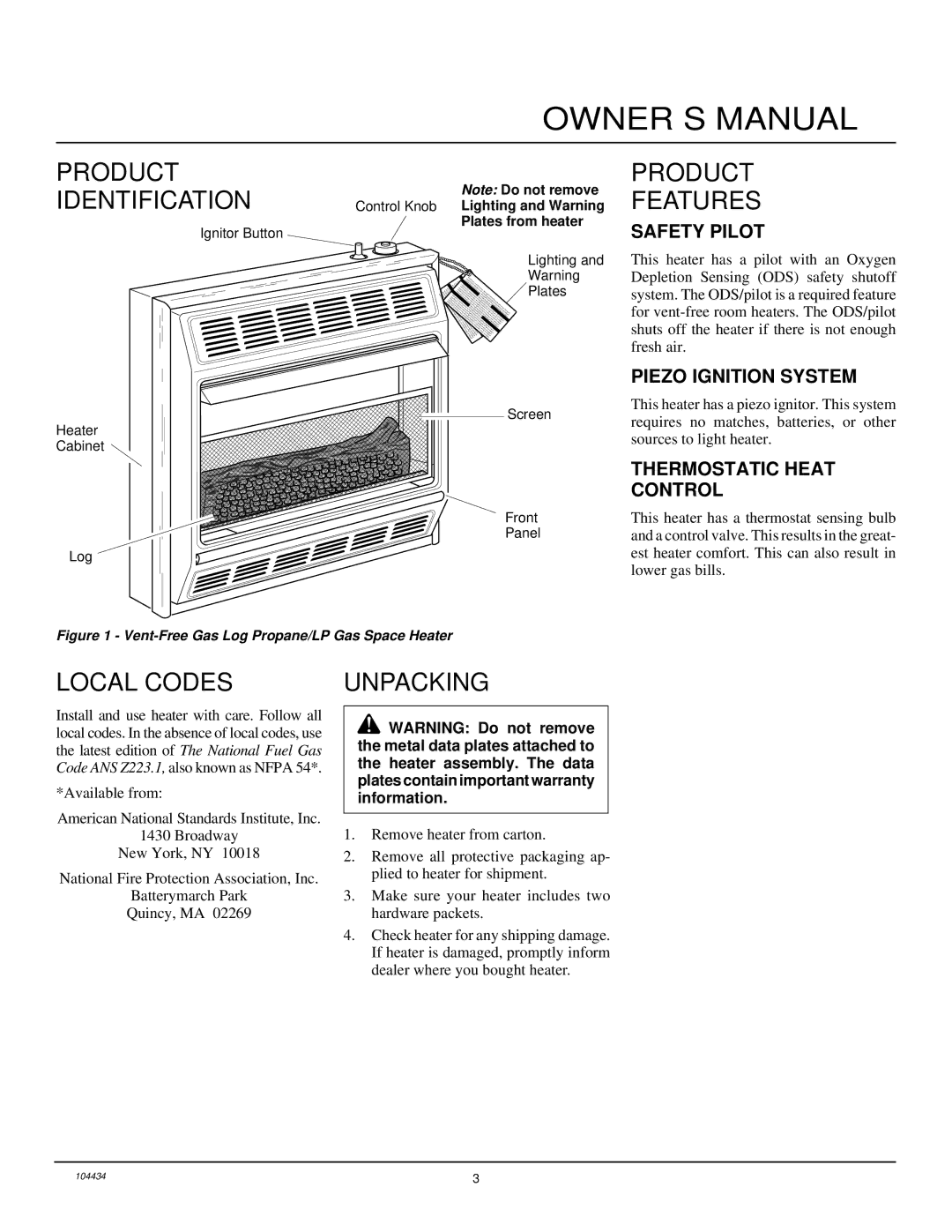 Desa 000 to 30, 15 installation manual Product Identification, Product Features, Local Codes, Unpacking 