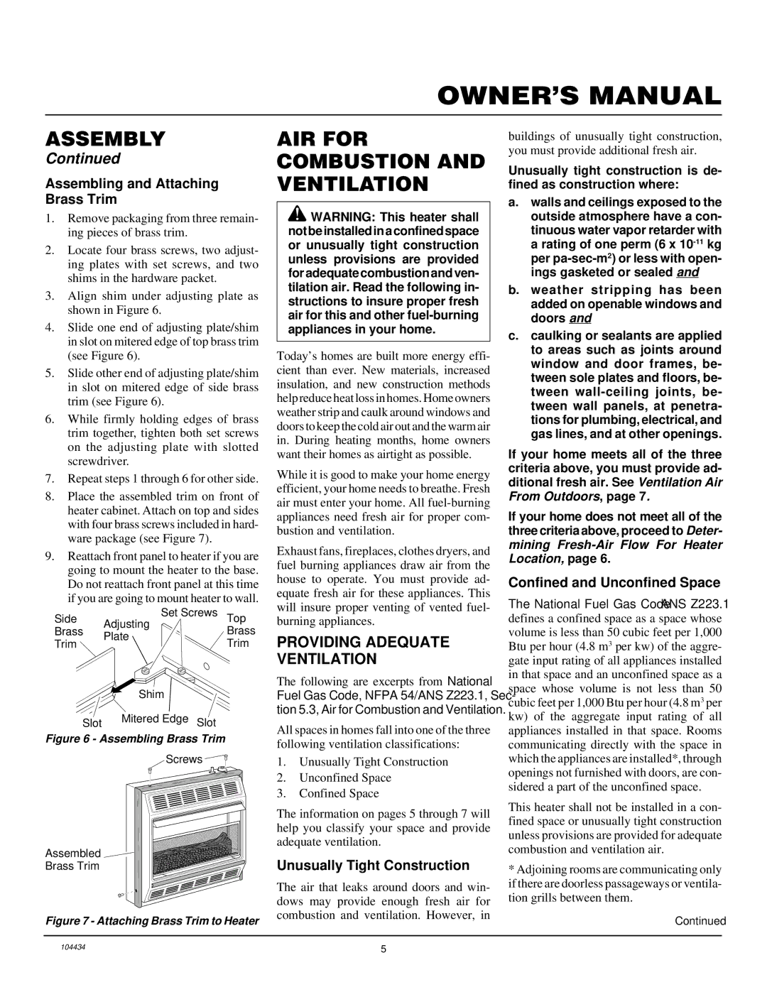 Desa 000 to 30, 15 AIR for Combustion and Ventilation, Providing Adequate Ventilation, Assembling and Attaching Brass Trim 