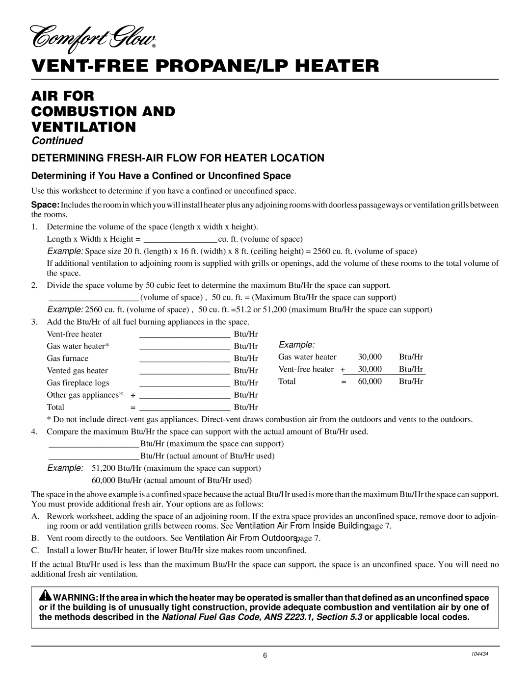 Desa 15, 000 to 30 installation manual AIR for Combustion Ventilation, Determining FRESH-AIR Flow for Heater Location 