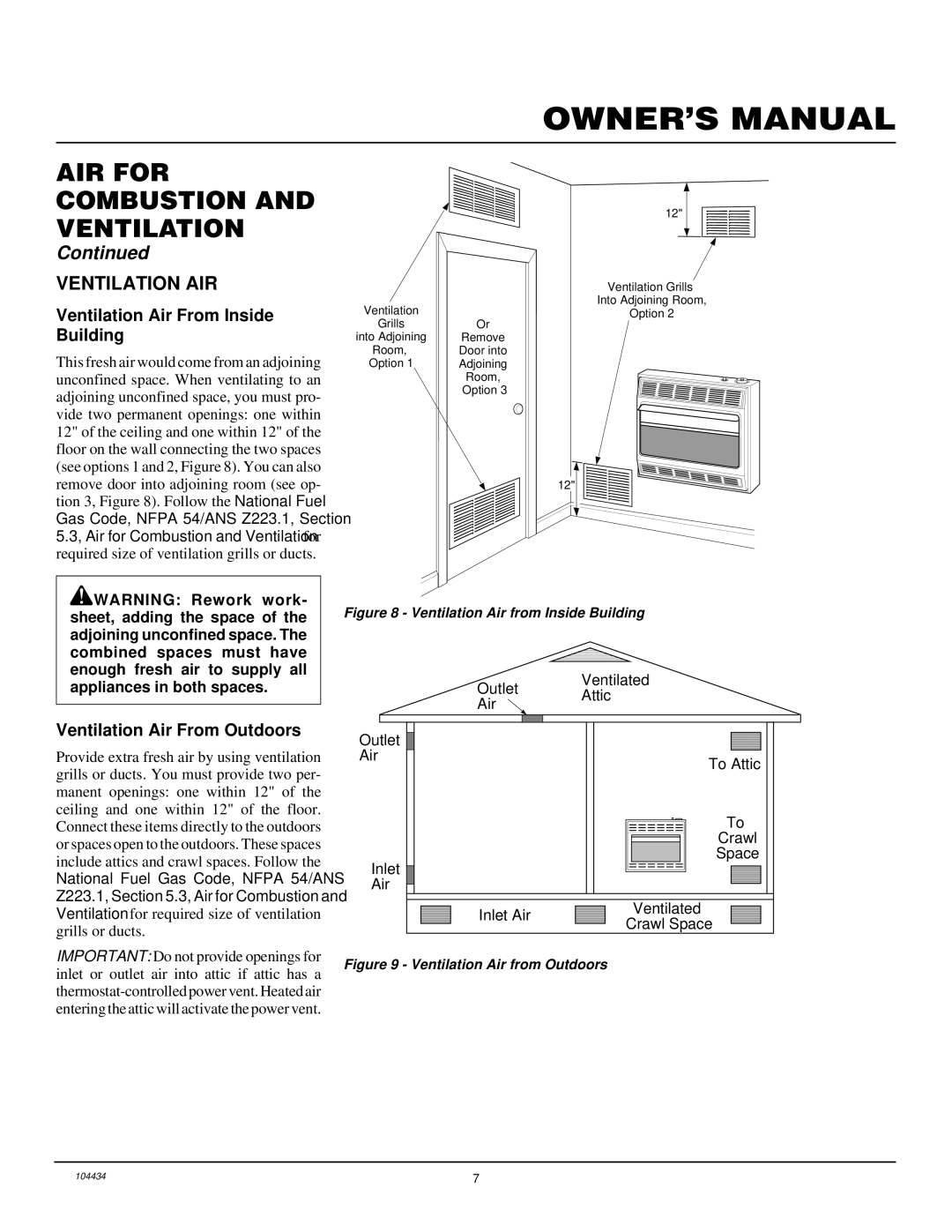 Desa 000 to 30, 15 installation manual Ventilation AIR, Ventilation Air From Inside Building, Ventilation Air From Outdoors 