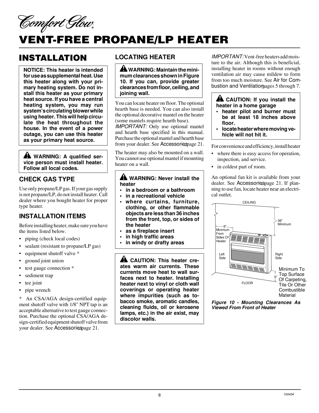 Desa 15, 000 to 30 installation manual Check GAS Type, Installation Items Locating Heater 