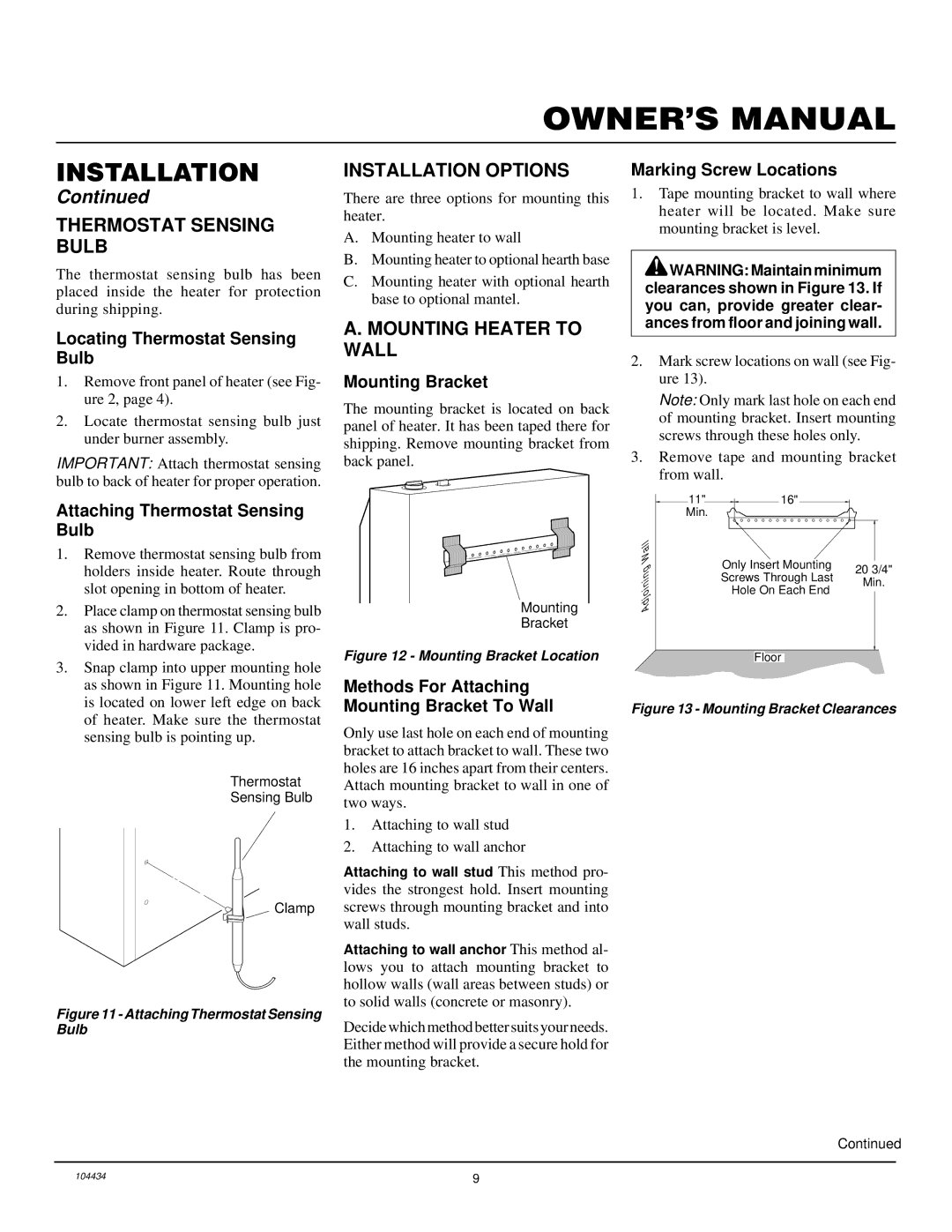 Desa 000 to 30, 15 installation manual Thermostat Sensing Bulb, Installation Options, Mounting Heater to Wall 